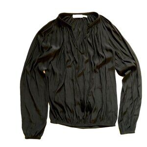 Ramy Brook Shirred Top Shirt Blouse Womens XS Black V-Neck Tassels Long Sleeve